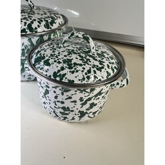 Green White Splatter Granitewear Enamelware Pots with Lids Set of 2 VTG 5-6 In - Picture 3 of 9